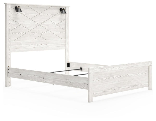 Gerridan White Gray Queen Panel Bed front angled view with headboard and sconce lights