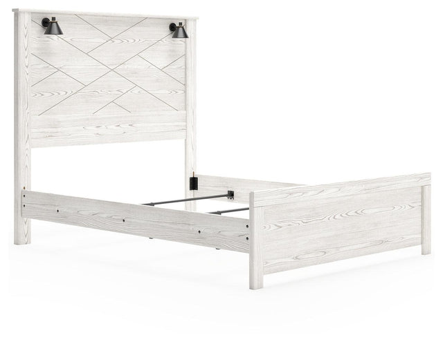 Gerridan White Gray Queen Panel Bed front angled view with headboard and sconce lights
