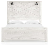 Gerridan White Gray Queen Panel Bed front view of headboard with abstract design and lights