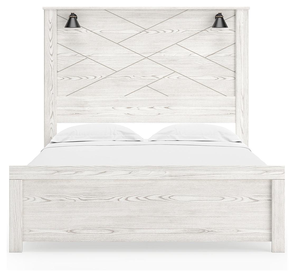 Gerridan White Gray Queen Panel Bed front view of headboard with abstract design and lights
