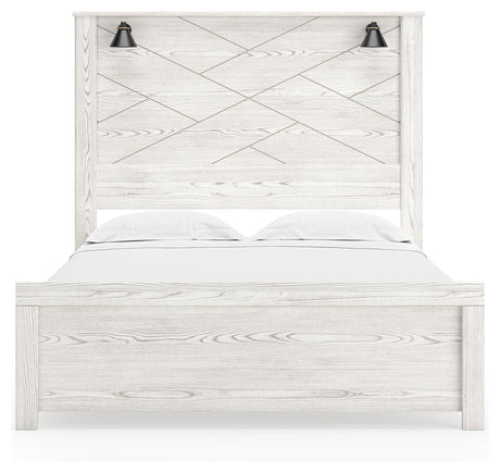 Gerridan White Gray Queen Panel Bed front view of headboard with abstract design and lights