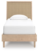 Cielden Twin Panel Bed showing oak grain finish on footboard