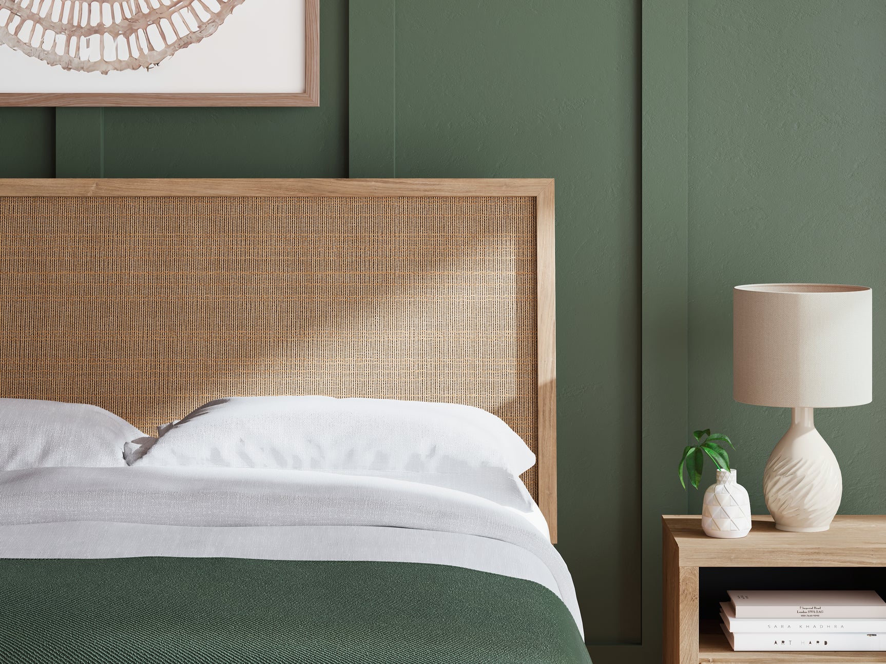 Cielden Queen Panel Bed textured beige cane look panel
