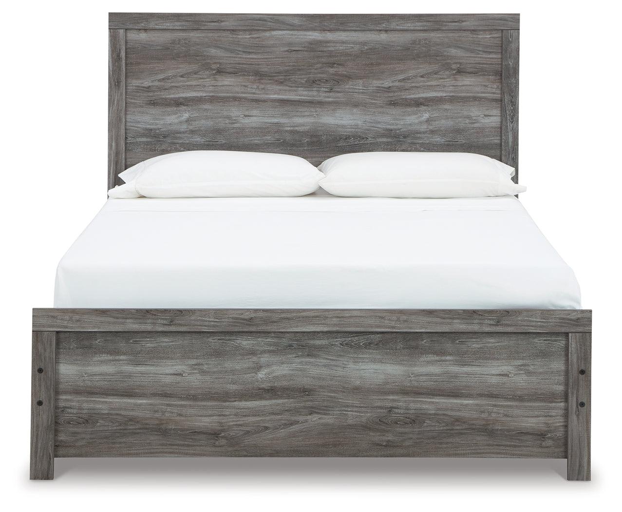 Bronyan queen panel bed front view headboard and footboard