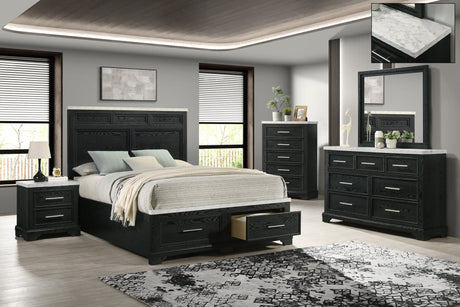 Tove Black Storage Platform Bedroom Set bed angled view showing storage drawers and faux marble accent