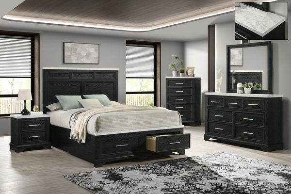 Tove Black Storage Platform Bedroom Set bed angled view showing storage drawers and faux marble accent