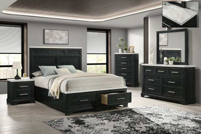 Tove Black Storage Platform Bedroom Set bed angled view showing storage drawers and faux marble accent