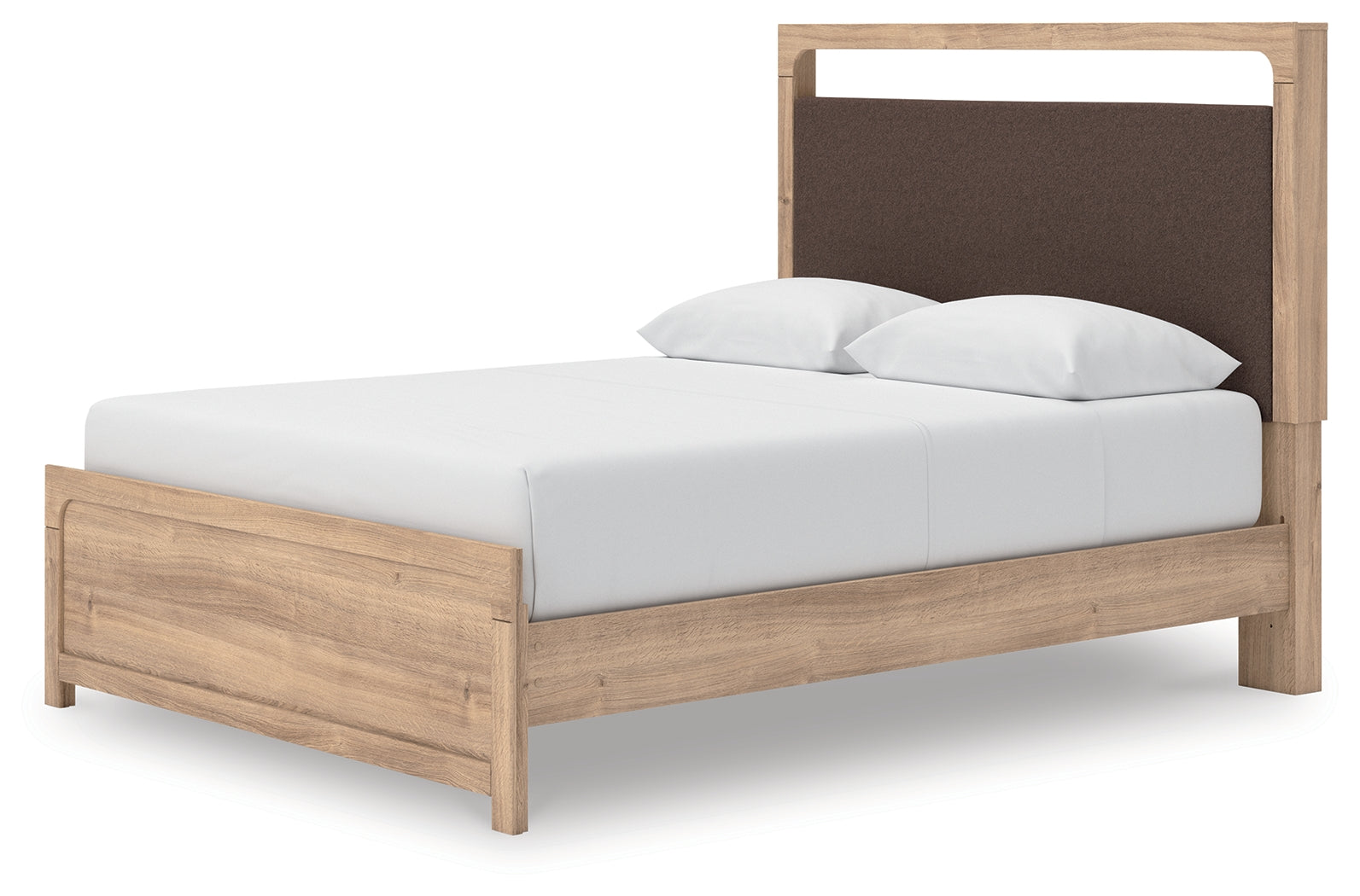 Kinlanni tan queen upholstered platform bed alternative angled view
