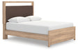 Kinlanni tan queen upholstered platform bed lit angled view