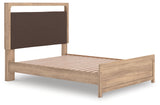 Kinlanni tan queen upholstered platform bed front view