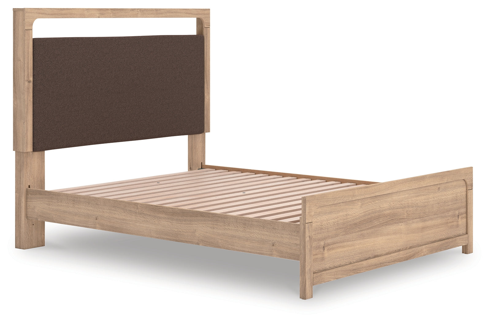 Kinlanni tan queen upholstered platform bed front view