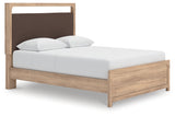 Kinlanni tan queen upholstered platform bed side view