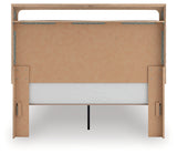 Kinlanni tan queen upholstered platform bed rear view