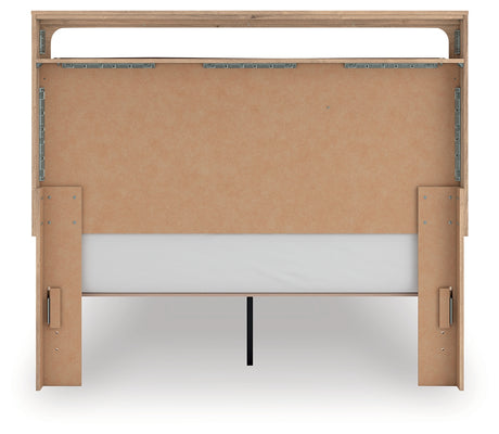 Kinlanni tan queen upholstered platform bed rear view