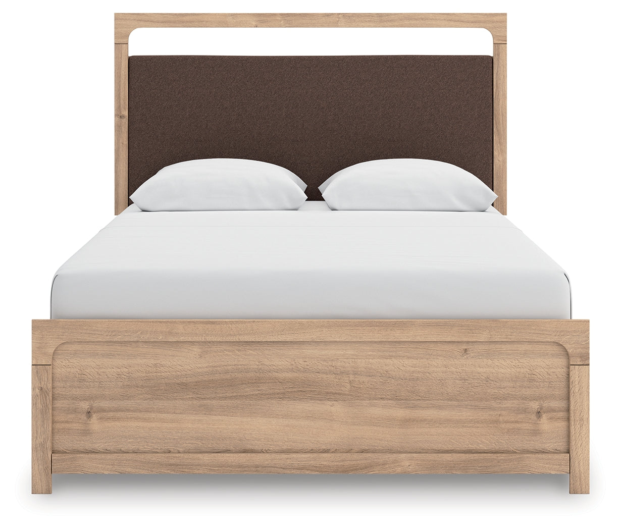 Kinlanni tan queen upholstered platform bed head-on view