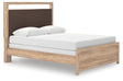 Kinlanni tan queen upholstered panel bed angled view with LED lighting on