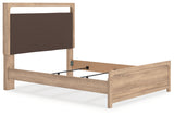 Kinlanni tan queen upholstered panel bed angled front view