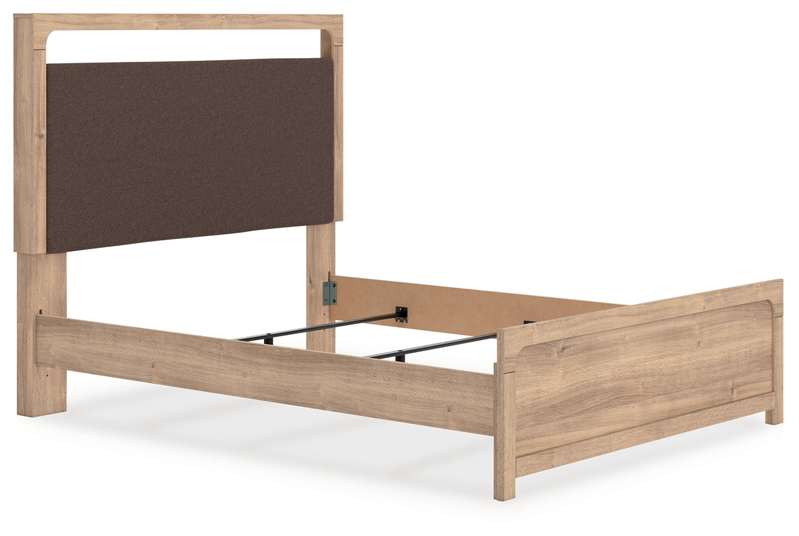 Kinlanni tan queen upholstered panel bed angled front view