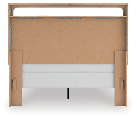 Kinlanni tan queen upholstered panel bed back view