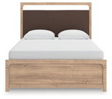 Kinlanni tan queen upholstered panel bed head-on view