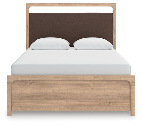 Kinlanni tan queen upholstered panel bed head-on view
