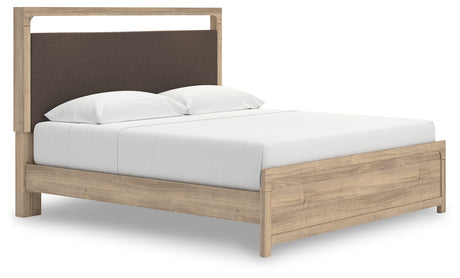Kinlanni king upholstered platform bed angled lit view