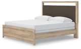 Kinlanni Tan King Upholstered Panel Bed, side view showing footboard