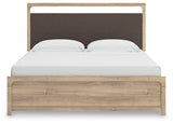 Kinlanni Tan King Upholstered Panel Bed, head-on view