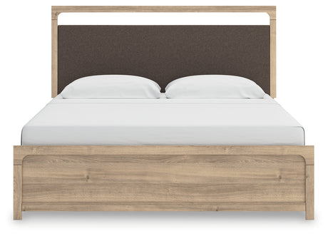 Kinlanni Tan King Upholstered Panel Bed, head-on view