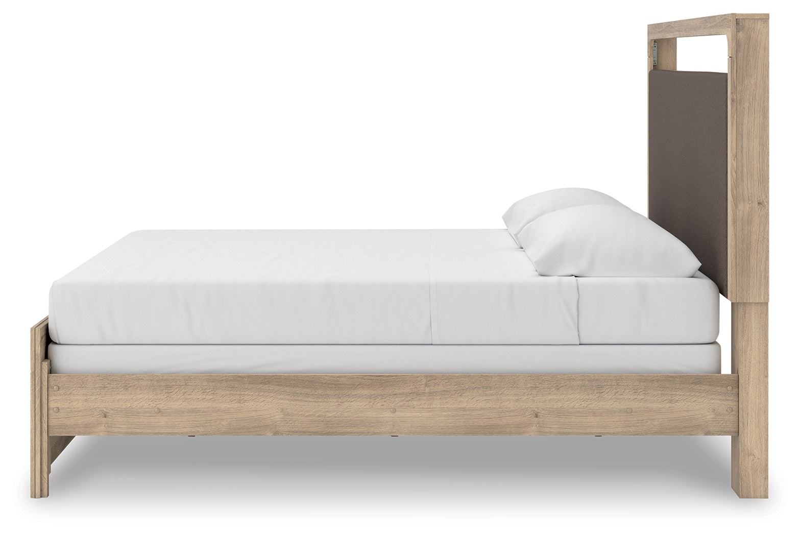 Kinlanni Tan King Upholstered Panel Bed, close side angle