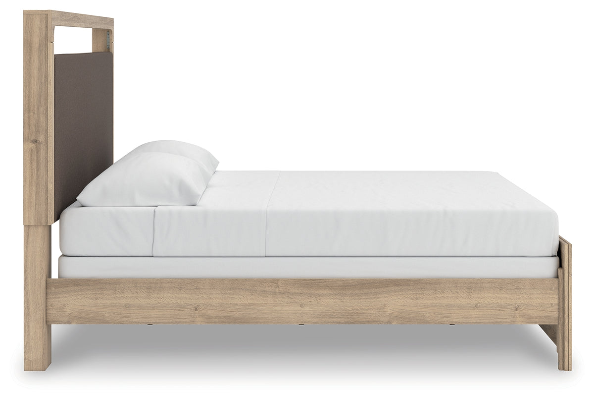 Kinlanni Tan King Upholstered Panel Bed, rear view