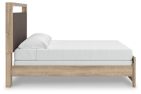 Kinlanni Tan King Upholstered Panel Bed, rear view
