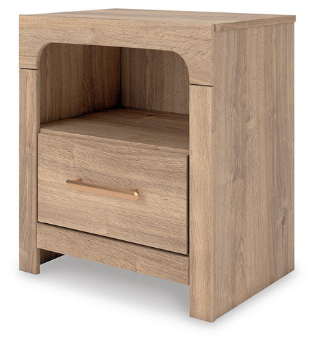 Kinlanni Tan Upholstered Panel Bedroom Set angled view