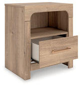 Nightstand with drawer open showing faux linen interior