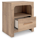 Kinlanni Tan Upholstered Platform Bedroom Set angled view