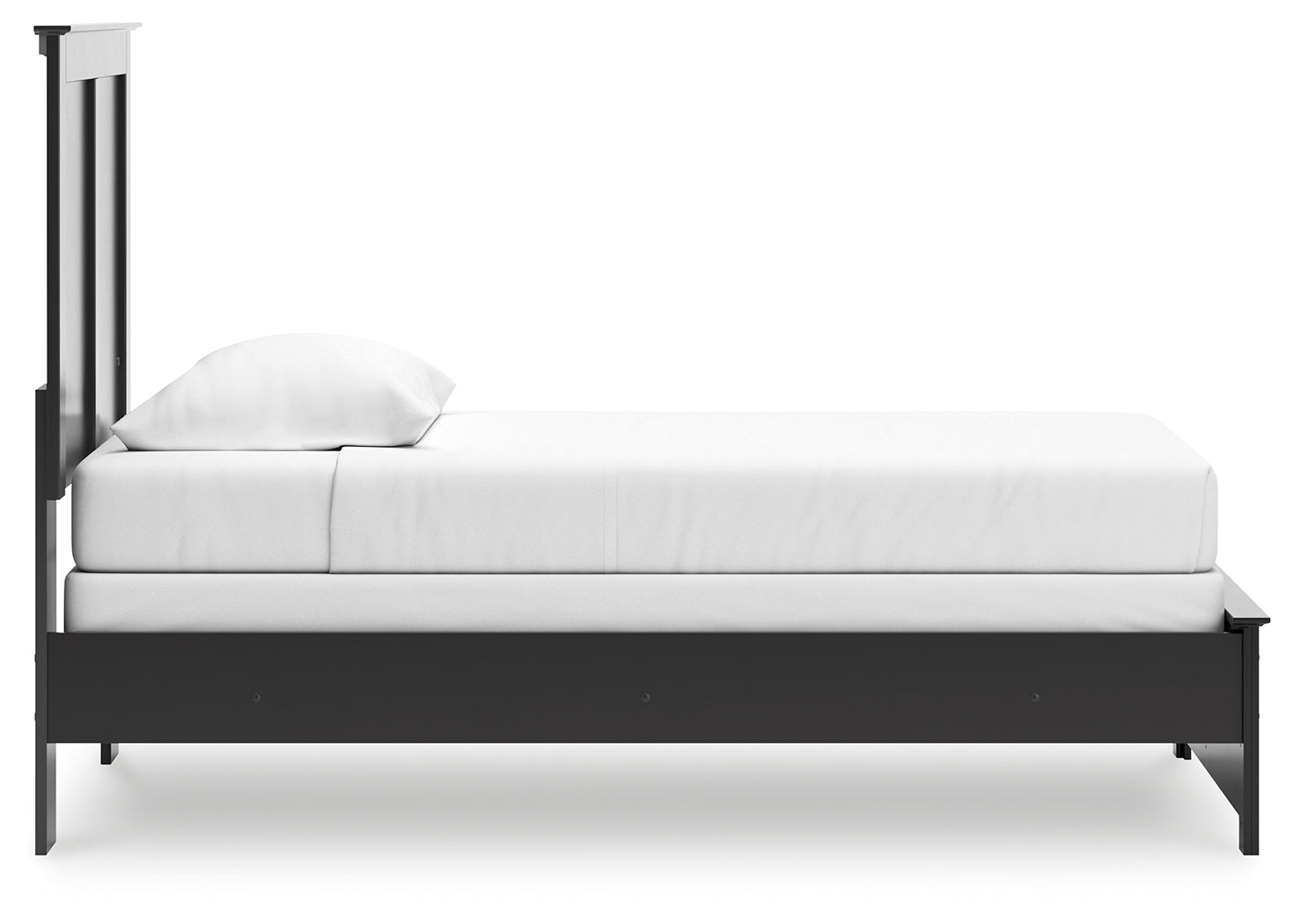 Maribel Black Twin Panel Bed styled with bedding