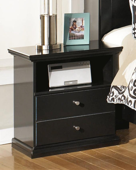 Maribel Black Nightstand front view showing drawer and open cubby