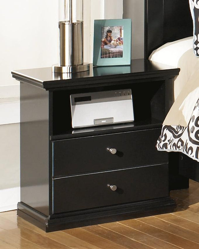 Maribel Black Nightstand front view showing drawer and open cubby