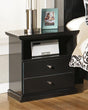 Maribel Black Nightstand front view showing drawer and open cubby