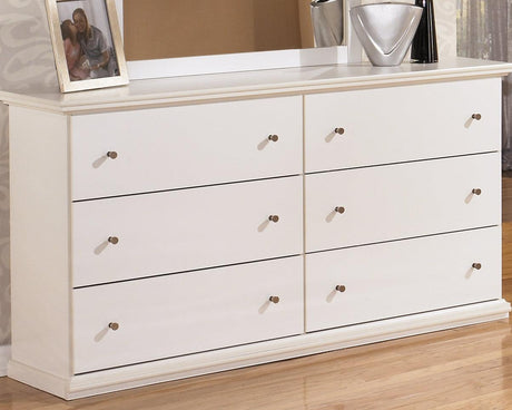 Front view of Bostwick Shoals White Dresser showing six drawers