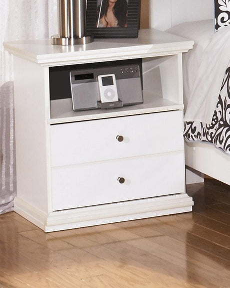 Bostwick Shoals white nightstand front view showing drawer and cubby