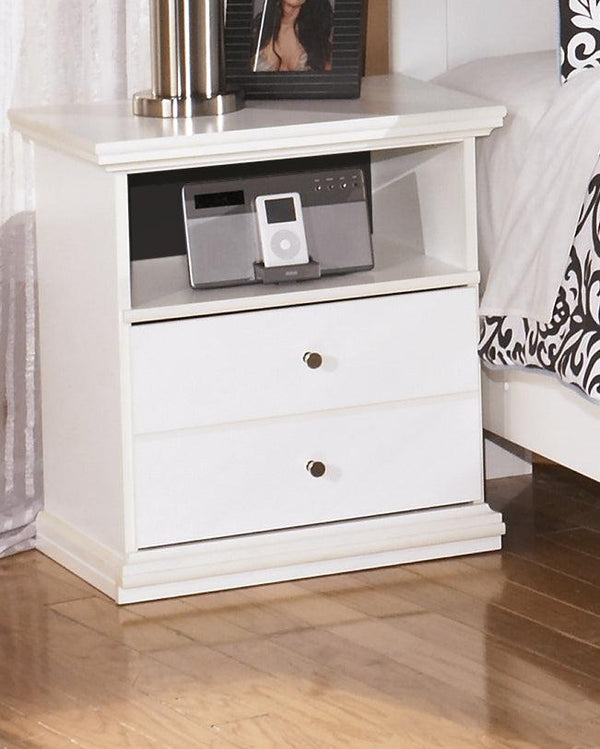Bostwick Shoals white nightstand front view showing drawer and cubby