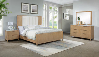 Kara Natural Upholstered Panel King Bed room view by Crownmark | Decor Furniture