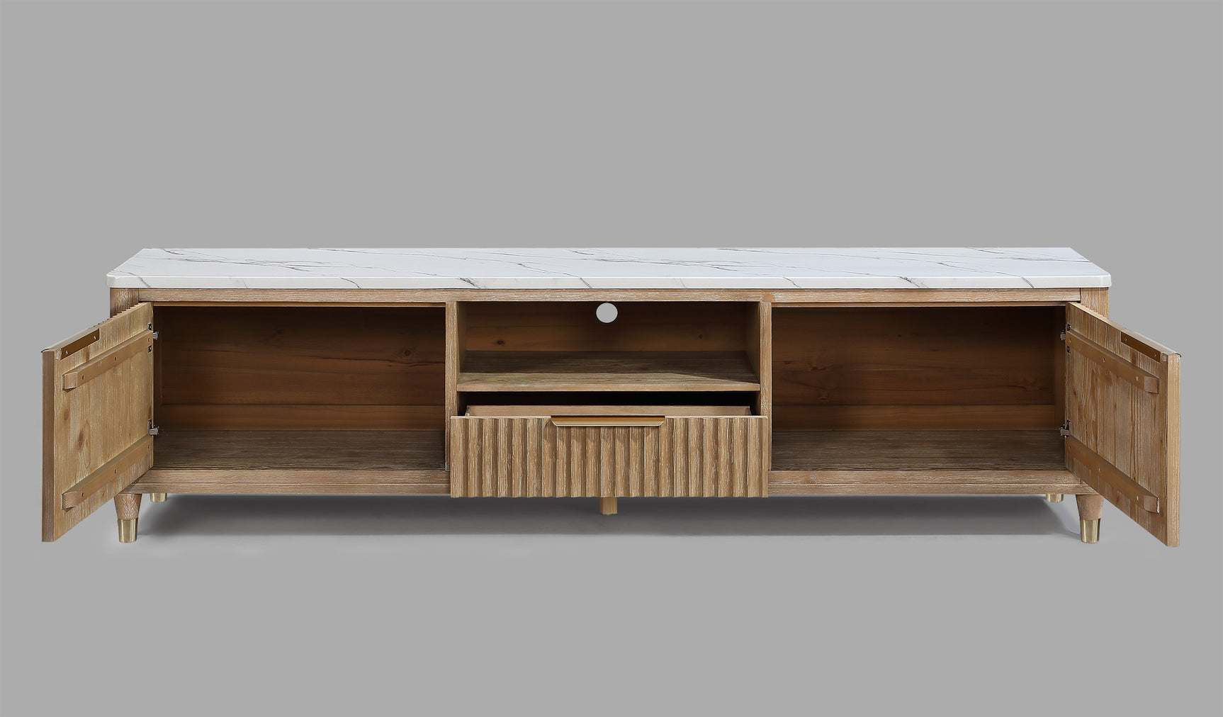 Kara TV Stand close-up of natural wood finish
