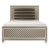 Loudon Champagne Full Platform Youth Bed front view with LED-lit faux leather headboard