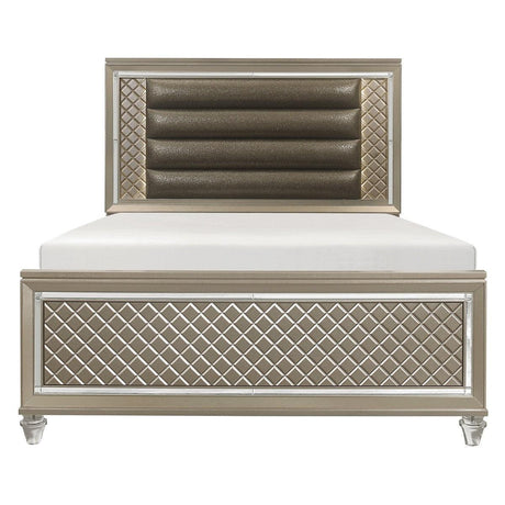 Loudon Champagne Full Platform Youth Bed front view with LED-lit faux leather headboard