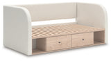 Open storage drawer of Arloster day bed showing faux linen liner