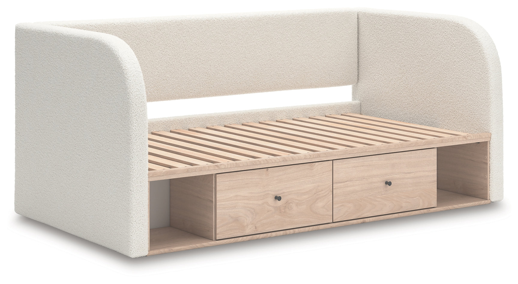 Open drawer showing faux linen laminate interior