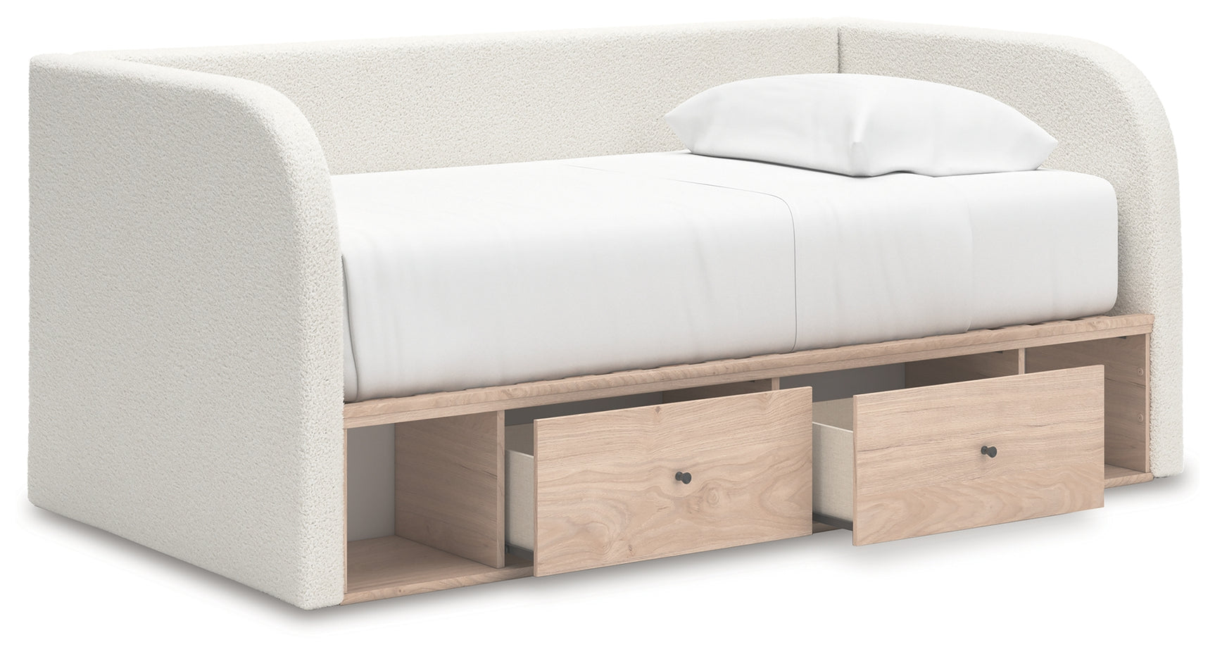 Close-up of black drawer knobs on Arloster day bed