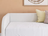 Swatch showing tan polyester upholstery and light wood finish colors